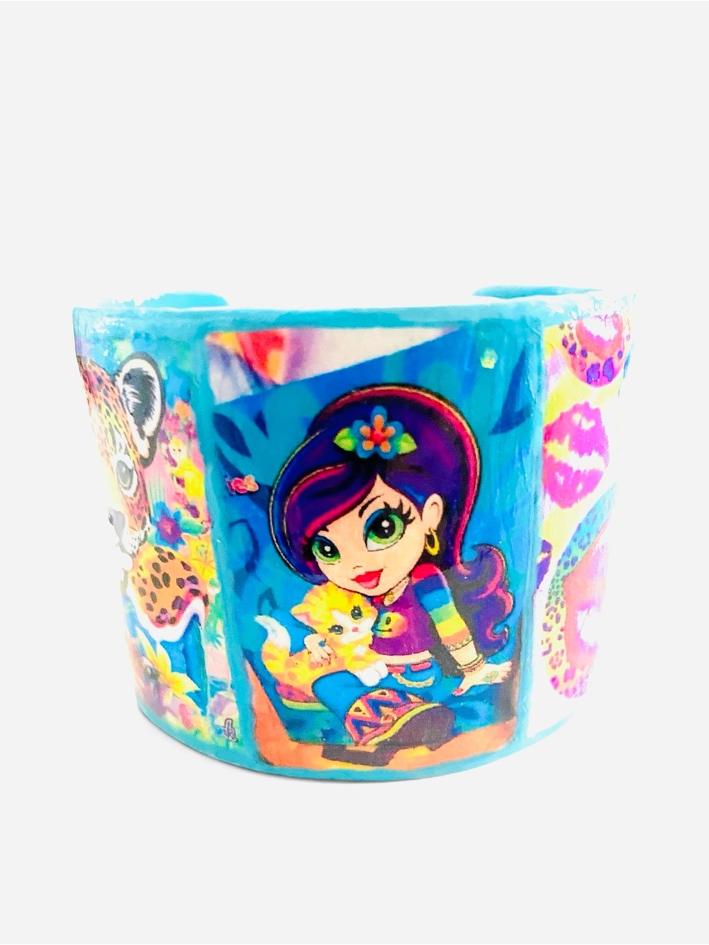 Bright and Whimsical Character Bracelet with Cute Girl and Kitten, Lips, Leopard